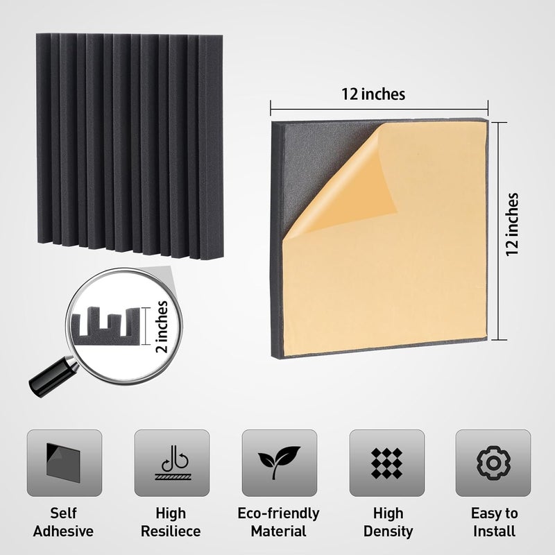 HERBEVER 24 Pack Acoustic Foam Panels, Self-adhesive Grooved Black Sound Proofing Panels, 12x12x2 Inches, High Density Sound Proof Foam Panels for Walls, Studio Recording, Office, Home - Image 3